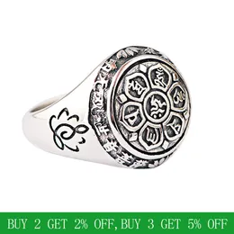 Prawdziwe 925 Sterling Silver Buddhism Retro Spinner Pierścionki układania dla kobiet Mężczyźni Para Sześć słów 'Mantra Moda Biżuteria