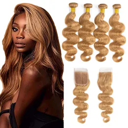 Honey Blonde Color Body Wave Hair Unprocessed Brazilian Human Virgin Hair 3 Bundles Deals with 4*4 Lace Closure 27# Color Light Blonde