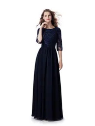 Navy Blue Lace Chiffon A-Line Long Modest Bridesmaid Klänningar med 3/4 Ärmar Juvel Neck Golv Längd Formell Modest Bridemaid Cuasto