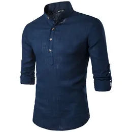 Mens Spring Summer Autumn Cotton Blend Solid Slim Shirts Stand Collar Breathable Comfort Chinese Style Male Shirts