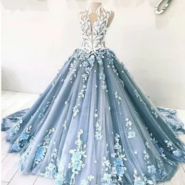 Пыльно-синие платья Quinceanera с 3D цветочной аппликацией и кружевом с высоким воротником Иллюзия из тюля с скользящим шлейфом Бальное платье для выпускного на заказ 2020 Новинка 401 401