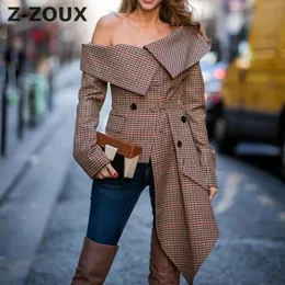 z-zoux 여자 재킷 섹시한 끈이없는 격자 무늬 숙녀 양복 불규칙한 여자 블레이저 자켓 비대칭 여성 코트 가을 cj191130
