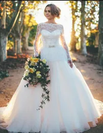 2020 Suknia Balowa Długie Rękawy Suknia Ślubna Z Koronkowymi Cekinami Bateau Neck Belt Backless Suknie Ślubne Niestandardowe Made Country Wedding Dress