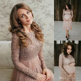 A Line Bling Maternity Evening Jewel Neck Sequins Long Sleeves Pregnant Prom Plus Size Formal Dresses Robe De Soiree