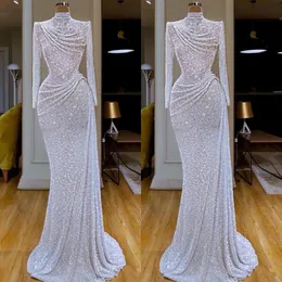 Sexy Glitter White Sequins High Neck Mermaid Prom Dresses Long Sleeves Crystal Sequined Ruched Waist Party Gowns Evening Dress Wear