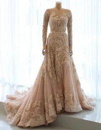 Aso Ebi 2020 Arabic Champagne Lace Beaded Wedding Dresses Long Sleeves Bridal Dresses Sheer Neck Vintage Wedding Gowns ZJ215