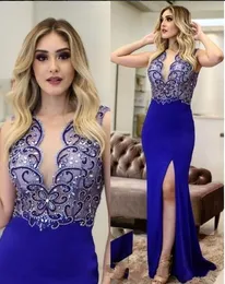 Hot Sale Royal Blue Mermaid Prom Dresses Satin Pärled Sheer Jewel Neck Sleeveless Front Split Long Formal Party Dress Evening Clows