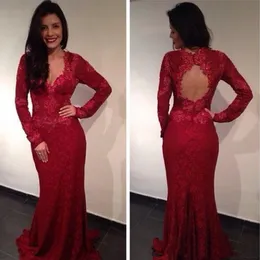 Sexy Red Full Lace Syrenki Suknie Wieczorowe Aplikacje V Neck Długie Rękawy Backless Prom Dress Formalna Suknia Party Gown Szata Vestidos