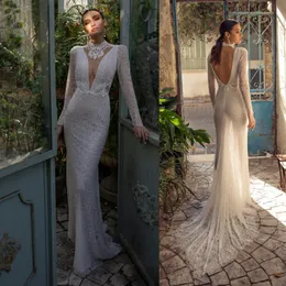 Vintage 2019 Mermaid Wedding Dresses Crystal High Neck Lace Bridal Gowns Backless Trumpet Plus Size Long Sleeves Garden wedding dress