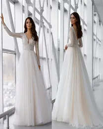 2020 Vendita calda Sirena Abiti da sposa Scollo a V Manica lunga Appliques Pizzo Boho Abito da sposa Backless Sweep Train Custom Made Abiti da sposa