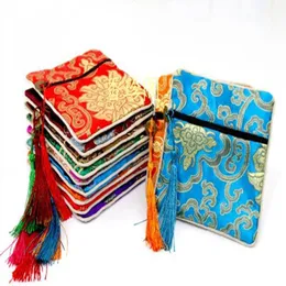 Tassel Jacquard Rich Flower Small Zip Bag Party Favor Bags Chinese Silk Brocade Bag Coin Purse Square Jewelry Bracelet Pouch 50pcs/lot