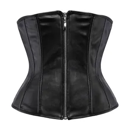 Kvinnor svart faux pu läder underbust blixtlås snörning korsett mode kroppsformar midje bälte bantning skitkläder plus storlek S-6xl