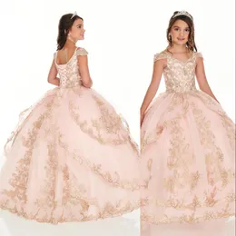 2020 Bollklänning Girls Pageant Dresses V Neck Blush Pink Gold Lace Applicques Crystal Beads Kids Party Födelsedagsklänningar Flower Girl2618