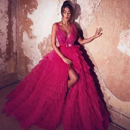 Fashion Tiered Tulle Evening Dresses 2020 Deep V Neck Sleeveless Split Floor Length Formal Party Dress Custom Made Prom Gowns