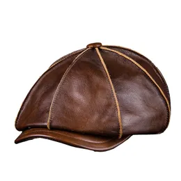 Men's Genuine Leather Warm Octagonal Cap, Casual Vintage Newsboy Cap Golf Driving Flat Cabbie Hat, Winter Male Artist Gatsby Cap Y200110