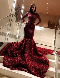 Luxury Burgundy Mermaid Prom Dresses Long 3D Floral Long Sleeves Open Back Formal Dress Evening Wear Party Dresses robes de soirée