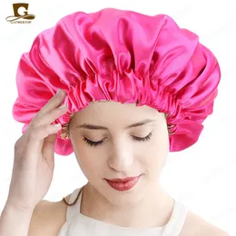 Ny Reversible Satin Bonnet Hair Caps Double Layer Sleep Night Cap Head Cover Hat för Curly Springy Hair Styling Tillbehör