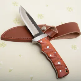 High Quality Pure Hand Made Survival Straight Knife Thousand-Layer Steel Drop Point Blade Wood Handle With Leather Sheath