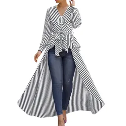 Kobiety Sexy Moda Nieregularny Stripe Bow Długi Rękaw Długa Koszula Krótkie Bluzki Letnie Topy Camisa Feminina Manga Comprida