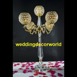 Nowy Styl Wysoki 5-Arms Metal Gold Acrylic Crystal Candle Holder Wedding Candelabra Stół Centerpiece Event Road Lead Candle Stand Decor424