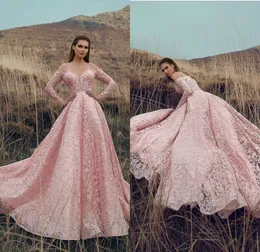2019 Arabic Pink Prom Dresses Lace Appliqued Off The Shoulder A Line Long Sleeve Evening Gowns Sweep Train Quinceanera Dresses