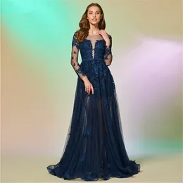 Elegante navy blu pizzo a linea abiti da ballo abiti personalizzati manica lunga sweep sweep treno trasparente collo abiti abiti da party abito de mariée