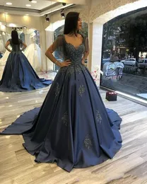 Elegant Ball Gown Evening Dresses V-Neck Lace Appliqued Beaded Sweep Train Stain Luxury Sleeveless Formal Prom Party Gowns Custom Made