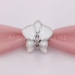 Andy Jewel Tualtic 925 Sterling Silver Beads Orchid 화이트 에나멜 난초 CZ 매력에 맞는 유럽 판도라 스타일 보석 브레이슬릿 목걸이 792074e