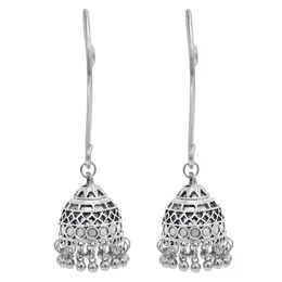 Vintage ethnic style Silver alloy long tassel bell bead Jhumka Earrings for Women