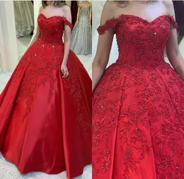2020 Beading Red Lace Applique Quinceanera Dresses Off Shoulder Sweetheart Neck Ball Gown Satin Prom Dress Quinceanera Gowns