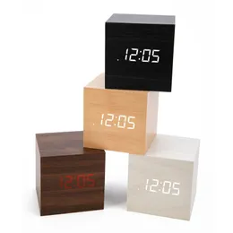 Mini sveglia digitale a LED in legno Orologi a bagliore retrò in legno Decorazione da tavolo da tavolo Controllo vocale Funzione snooze Calendario da tavolo
