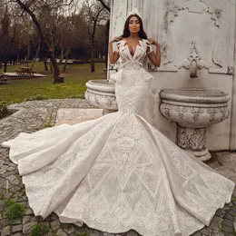 Plus size árabe aso ebi luxuoso frisado rendas vestidos de casamento sereia sheer neck vestidos de noiva vestidos de casamento vintage zj0342936