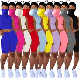 Women Summer 2 Two Piece Outfits Shorts Tracksuits Sleeveless Vest With Face Mask Bodycon Biker Casual Sports Outfits Set Jogging Suit