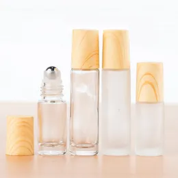 5ml 10ml Frosted Clear Glass Roll On Bottles with Metal Roller Ball and Wood Grain Plastic Cap WB2376
