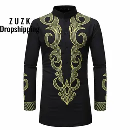 Mężczyźni Bliski Wschód Styl Drukarnia Koszula Camisa Masculina, Mężczyźni Długi Slim Fit Stand Collar Koszula US Rozmiar