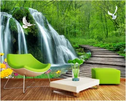 wallpapers Foto feita sob encomenda para paredes 3d mural Pastoral cenário da floresta cachoeira árvore ponte de madeira 3D sala parede de fundo TV decoração