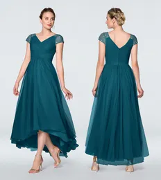Zartes mitternachtsblaues Chiffon-Hochzeitskleid für die Brautmutter, Flügelärmel, Perlenstickerei, V-Ausschnitt, Hochzeits-Party-Kleider. Zurück