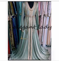 Mint Długi rękaw Prom Dresses 2021 Luksusowy Kryształ Zroszony Marokański Kaftan Caftan Hennalook Muzułmański Suknie Wieczorowe Vestidos Figais