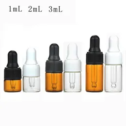 Tom Mini Essential Oil Bottles 1ml 2ml 3 ml Amber Clear Glass Dropper Flaskor med svart Vit Cap Glass Dropper Tube LX2511