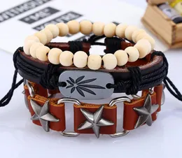 2020 Hot sale Men's genuine leather bracelet DIY PU Alloy maple leaf Five stars beads Bracelet Combination suit Bracelet 3styles/1set