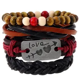 Hot sale 100% genuine leather bracelet DIY Multiple cupid arrow Love heart wax rope Beading Men's Combination suit Bracelet 4styles/1set