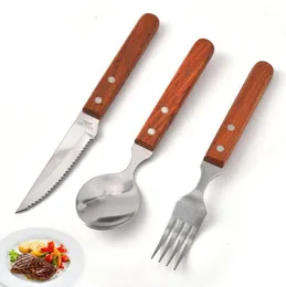 Dinnerware Stainless Steel Fork Knife Spoon Western Food Cutlery Wooden Handle Flatware Steak Western Knife Food Fork Spoon Tool LSK329
