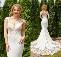 2021 Mermaid Bröllopsklänning Sexig Backless O-Neck Ärmlös Lace Stain Bröllopsklänning Brudklänningar Vit Elfenbensklänning Robe de Mairee