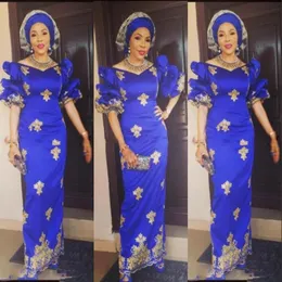 Aso Ebi Royal Blue Evening Dresses V Neck Halv Ärmar Guld Lace Appliques Plus Storlek Prom Dress African Women Gowns Robe de Soir