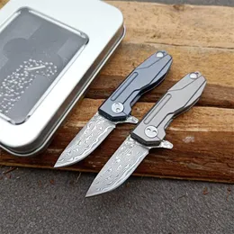 Coltello a lama pieghevole Mini Small Damascus Flipper VG10 Lama Drop Point in acciaio Damasco TC4 Coltelli con cuscinetti a sfera con manico in lega di titanio HHY03