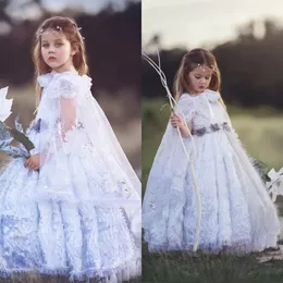 2020 New Flower Girls Dresses for Wedding Appliqued Tulle Girls Pageant Dress with Manteau Floor-Length Sequins Kids Formal Wear