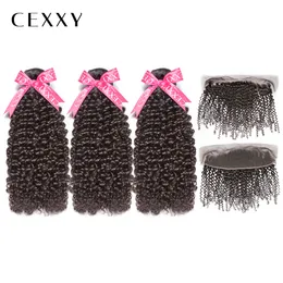 [Cexxy] OneCut Hair Curly Curly 8-32 polegadas p Cabelo Virgem Indiano Pacotes de cor natural com feixes de cabelo afro frontal