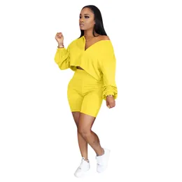 New Pure Color Two Piece Set Women Tracksuit Summer Clothes Long Sleeve Crop Top Biker Shorts Lounge Set Dresy Damskie 2020