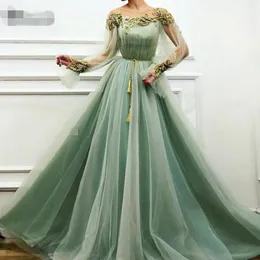 Sheer Mint Green Muslim Dresses Long 2020 Full Sleeves 라인 튤 플러스 크기 공식 이브닝 가운 멍청한 Festa Longo Prom