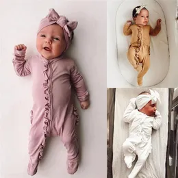 Noworodki Ubrania Niemowlę Baby Girl Boy Z Długim Rękawem Solido-Neck Romper + Headband Kombinezon Outfit 2 sztuk Zestaw Conunto Infantil Menino